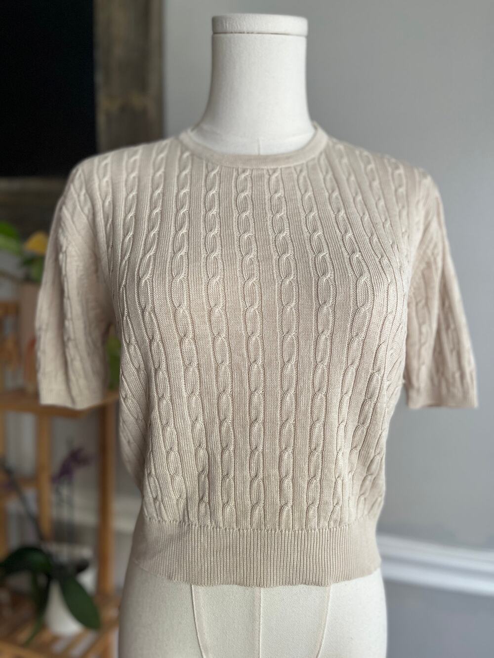Vintage 90s Cream Cableknit Silk Blouse Short Sleeve Cropped Size Small
